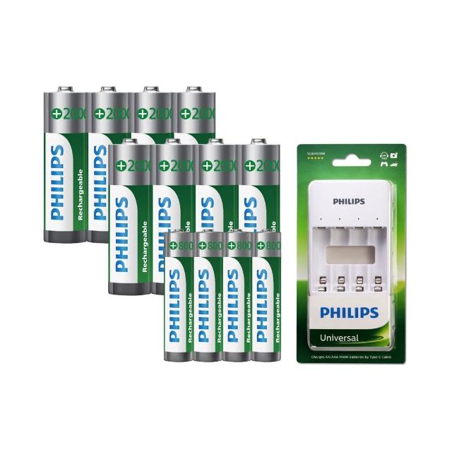 【Philips 飛利浦】低自放鎳氫充電電池3號4入*2+4號4入(贈USB 4槽智慧型充電器)