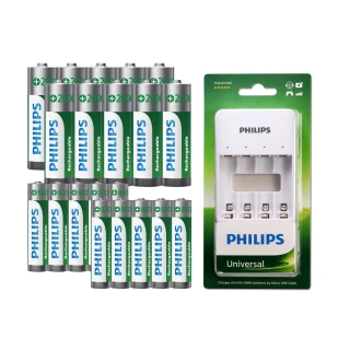 【Philips 飛利浦】低自放鎳氫充電電池3號10入+4號10入(贈USB 4槽智慧型充電器)
