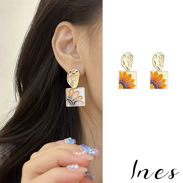 INESINES 韓國設計油畫向日葵復古造型夾式耳環(無耳洞耳環 耳夾 夾式耳環 向日葵耳環)