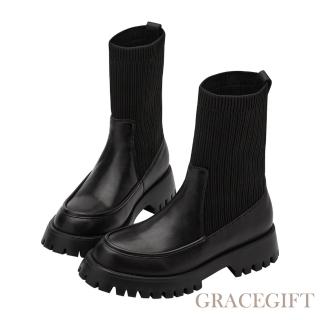 【Grace Gift】小貓聯名-經典百搭2WAY真皮彈力輕量襪套短靴(黑)