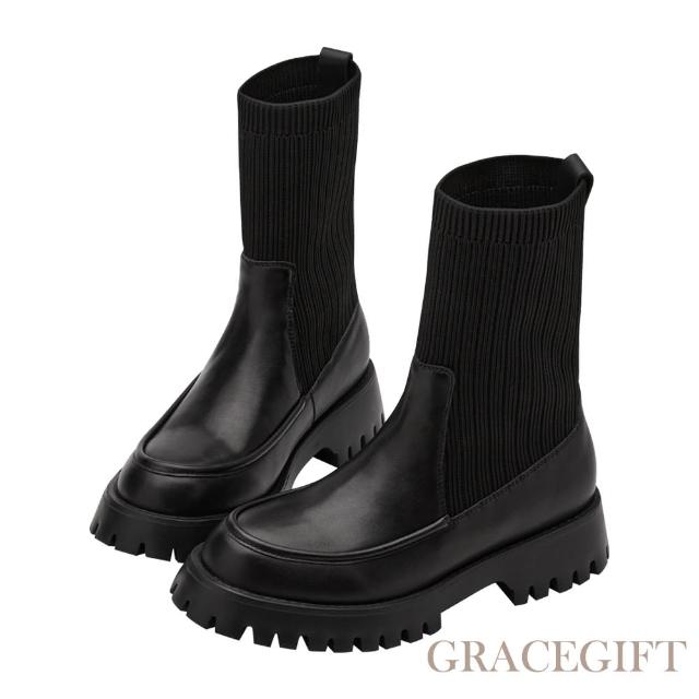 【Grace Gift】小貓聯名-經典百搭2WAY真皮彈力輕量襪套短靴(黑)