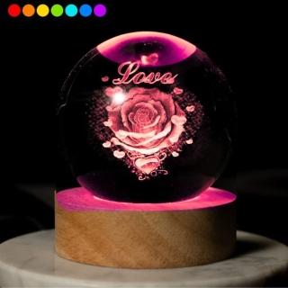 【A-ONE 匯旺】水晶球 7彩LED燈 愛的玫瑰 發光燈座 生日禮物 情人節禮物 送禮 水晶雕刻球