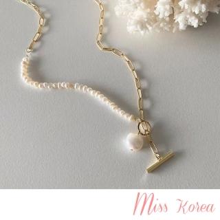 【MISS KOREA】珍珠項鍊 串鍊項鍊/韓國設計溫柔氣質珍珠串鍊拼接OT釦造型項鍊(2色任選)