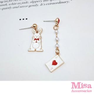 【MISA】韓國設計S925銀針不對稱紅心小白兔樸克牌造型耳環(S925耳環 小白兔耳環 樸克牌耳環)