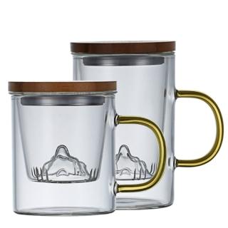 【Wo Home】日式富士山三件式高硼矽耐熱玻璃泡茶杯(帶木蓋玻璃蓋 內膽 透明玻璃杯)