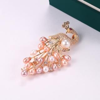【Jpqueen】華麗孔雀淡水珍珠鋯石胸針別針(彩色)