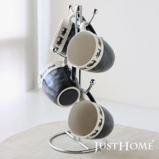 【Just Home】日本製貓咪童話陶瓷馬克杯320ml-4入附杯架(可微波 馬克杯 水杯 咖啡杯)