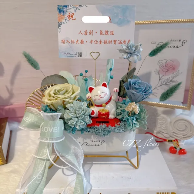 【喜滋滋花藝】開幕花禮-招財貓永生花盆花-活力粉藍(開幕誌慶/升遷/喬遷/新居賀禮/開幕盆栽 祝賀首選)