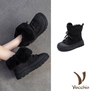 【Vecchio】真皮雪靴 厚底雪靴/全真皮頭層牛皮翻領保暖羊毛裡兩穿法厚底雪靴(黑)