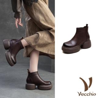 【Vecchio】真皮短靴 粗跟短靴 厚底短靴/真皮頭層牛皮復古純色小圓頭粗跟厚底短靴(棕)
