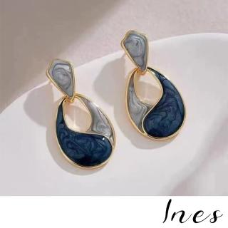 【INES】撞色耳環 彩釉耳環/韓國設計法式復古撞色彩釉幾何造型耳環(2色任選)