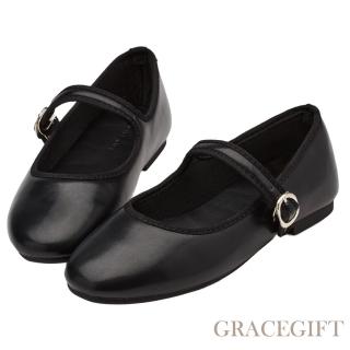 【Grace Gift】小千金素面圓頭皮革平底瑪莉珍鞋(黑)