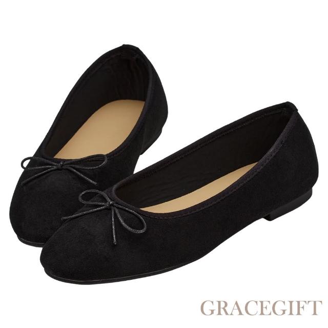Grace Gift 優雅簡約蝴蝶結絨面芭蕾舞平底娃娃鞋 黑