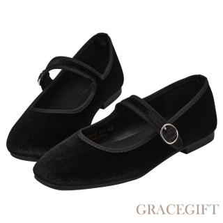 【Grace Gift】復古百搭方頭絨面平底瑪莉珍鞋(黑)