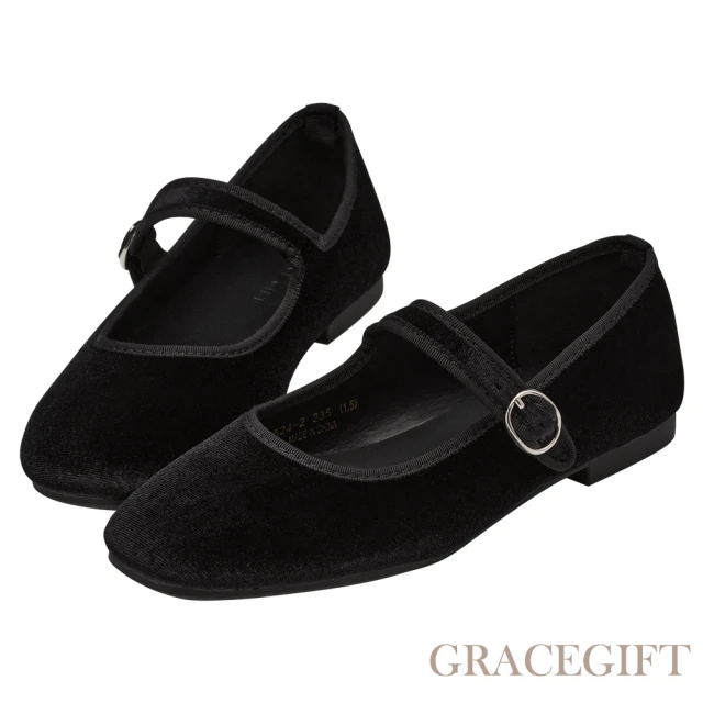 Grace Gift 優雅簡約蝴蝶結絨面芭蕾舞平底娃娃鞋(黑