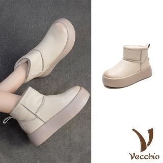 【Vecchio】真皮雪靴 短筒雪靴/真皮頭層牛皮經典厚底保暖絨毛內裡短筒雪靴(米)
