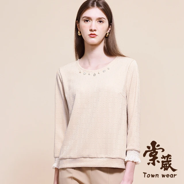 TOWN’WEAR 棠葳 滿版印花拼接上衣(中大尺碼/女上衣/女上著/鑽飾/長袖/素色/珍珠)