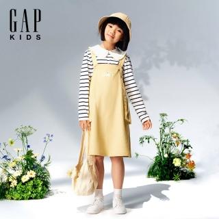 【GAP】兒童裝 Logo小熊刺繡方領吊帶洋裝-奶油黃(676071)