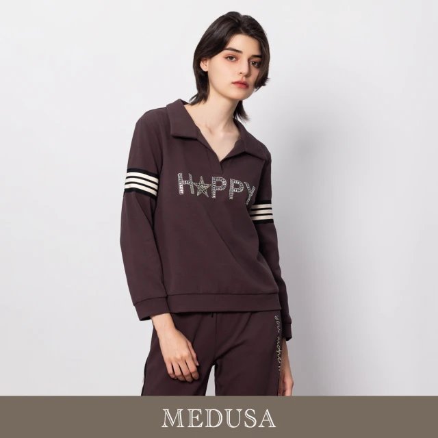 MEDUSA 曼度莎 現貨-星星 Happy 長袖翻領運動T恤（M-XL）｜女翻領T恤 女休閒上衣 女運動上衣(501-7170A)