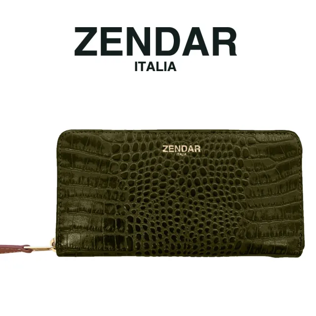 【ZENDAR】台灣總代理 限量1折 頂級小牛皮鱷魚紋拉鍊長夾 霏比系列 全新專櫃展示品(翡翠綠 送禮盒提袋)