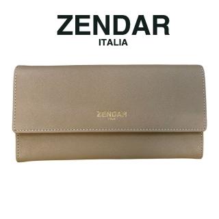 【ZENDAR】臺灣總代理 限量1折 頂級小牛皮十字紋翻蓋長夾 米蘭系列 全新專櫃展示品(米灰色 送禮盒提袋)