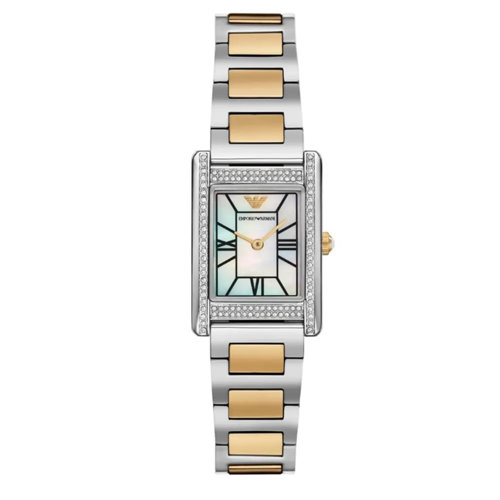 【EMPORIO ARMANI】亞曼尼 官方授權E1 Genni 永恆榮耀環鑽女錶 金色x銀色不鏽鋼女錶-22mm(AR11642)
