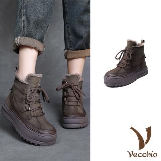 【Vecchio】真皮休閒鞋 厚底休閒鞋/真皮頭層牛皮保暖羊毛內裡厚底綁帶休閒鞋(卡其)