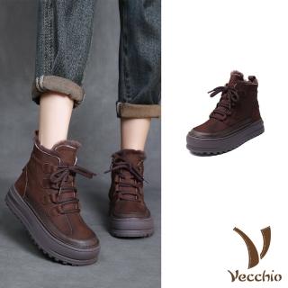 【Vecchio】真皮休閒鞋 厚底休閒鞋/真皮頭層牛皮保暖羊毛內裡厚底綁帶休閒鞋(棕)