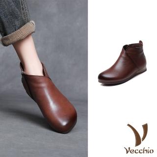 【Vecchio】真皮短靴 低跟短靴/真皮頭層牛皮保暖絨裡經典復古低跟短靴(棕)