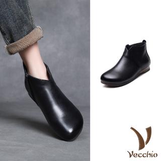 【Vecchio】真皮短靴 低跟短靴/真皮頭層牛皮保暖絨裡經典復古低跟短靴(黑)