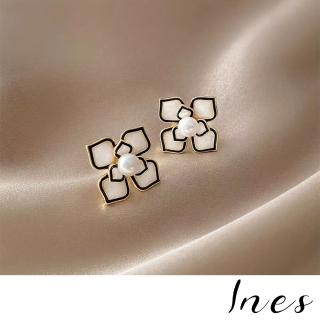【INES】韓國設計撞色線條典雅彩釉珍珠花朵造型耳環(撞色耳環 珍珠耳環 花朵耳環)