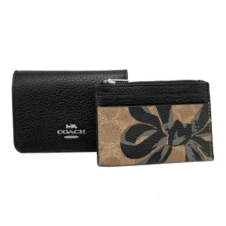 【COACH】經典LOGO拉鍊零錢袋卡夾2合一短夾(花卉黑)