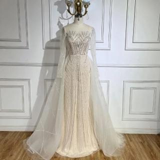 【女神婚紗禮服】輕奢優雅幾何串珠圓領罩紗魚尾晚禮服LA72528粉米白(宴會舞臺主持人 拉鍊款晚禮服)