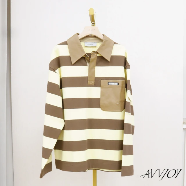 AVVJOY 艾薇卓爾 黃咖條紋Polo(上衣 長袖 棉T 日系上衣 純棉polo POLO衫 oversize t恤 G52327-2102)