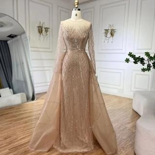 【女神婚紗禮服】輕奢優雅幾何串珠圓領罩紗魚尾晚禮服LA72528駱駝金(宴會舞臺主持人 拉鍊款晚禮服)