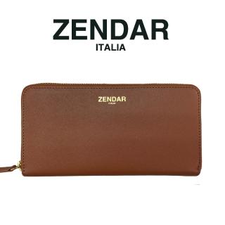 【ZENDAR】臺灣總代理 限量1折 頂級小牛皮十字紋拉鍊長夾 卡門系列 全新專櫃展示品(琥珀色 送禮盒提袋)