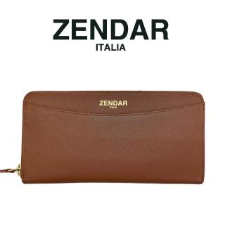 【ZENDAR】臺灣總代理 限量1折 頂級小牛皮十字紋拉鍊長夾 馬蒂娜系列 全新專櫃展示品(琥珀色 送禮盒提袋)