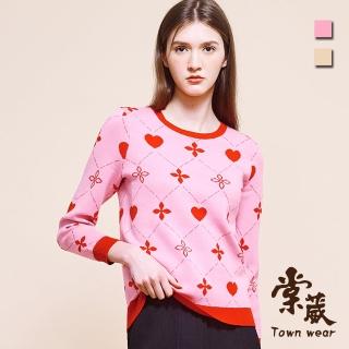 【TOWN’WEAR 棠葳】撞色印花針織上衣 2色(中大尺碼/女上衣/女上著/印圖/拼接/長袖/休閒/百搭)