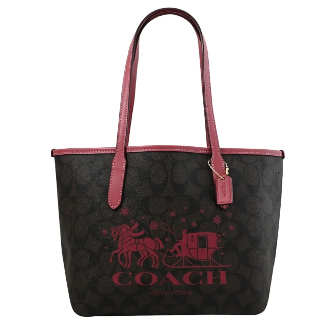 COACH 經典馬車LOGO印花拼接手提肩背小托特包(深咖/粉)