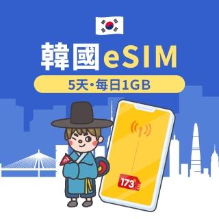 【173一起上網】韓國eSIM 5天每日1GB高速流量 降速吃到飽