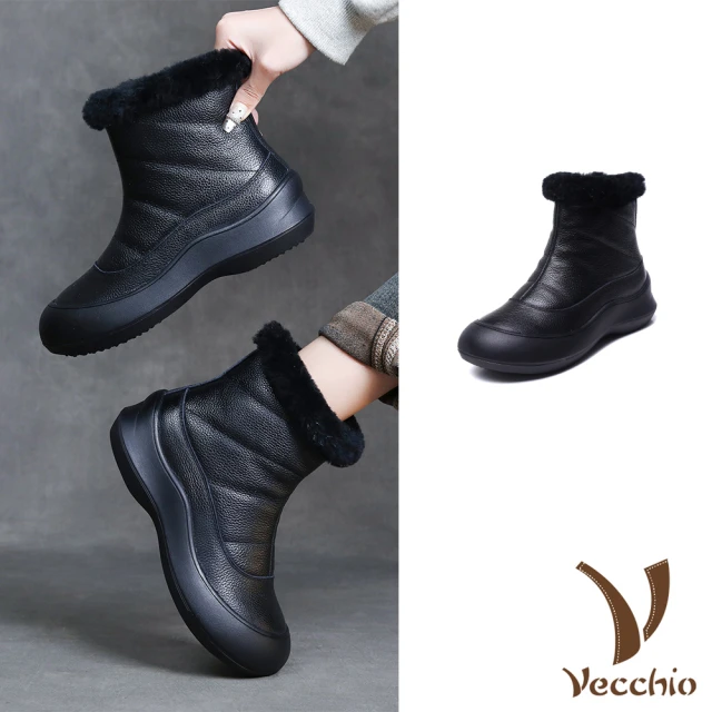 Vecchio 真皮短靴 厚底短靴/真皮頭層牛皮保暖厚絨舒適厚底短靴(黑)