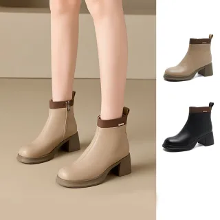 【J&H collection】優雅顯瘦真皮粗跟短靴(米色 / 黑色)