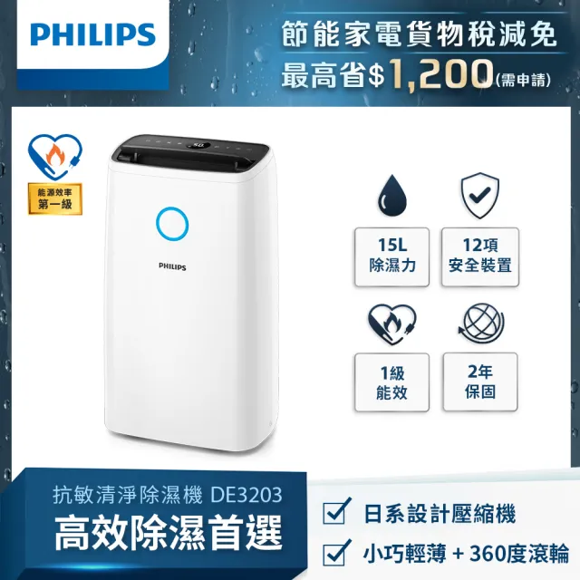 【Philips 飛利浦】15公升★一級能效除溼機(DE3203/81)