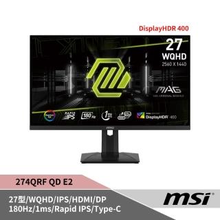 【MSI 微星】MAG 274QRF QD E2 27型 平面電競螢幕(2K/IPS/180Hz/DP+HDMI+Type C/G.I智慧電競功能/量子點)