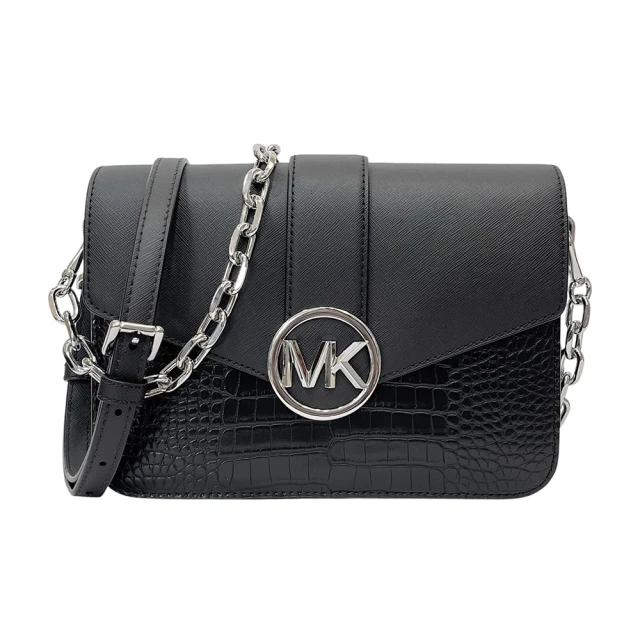 Michael Kors Carmen系列黑色拼接鱷魚紋金屬鍊條側斜肩背兩用包(35H3SNML6I-BLACK)