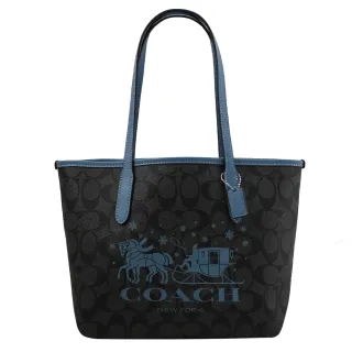 【COACH】經典馬車LOGO印花拼接手提肩背小托特包(黑灰/藍)