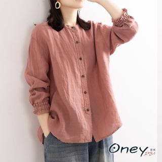 【ONEY 歐妮】★排釦復古風長袖棉麻襯衫(休閒/輕薄/上衣/外套/通勤/日系)