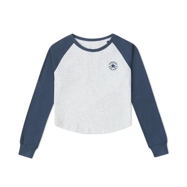 【CONVERSE】Cozy Raglan LS Tee 女款 深藍白色 撞色 短版 長袖 運動 休閒 上衣  10027571-A07