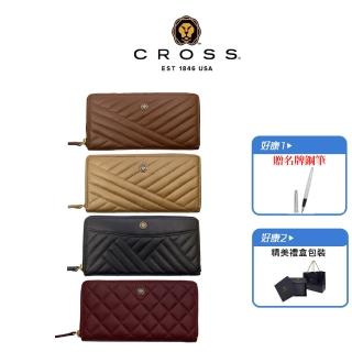 【CROSS】限量1折 頂級小牛皮山形菱格拉鍊長夾皮夾 全新專櫃展示品(買一送一鋼筆 禮物/送禮/現貨)