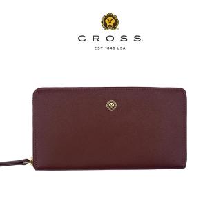 【CROSS】臺灣總經銷 限量1折 頂級小牛皮十字紋拉鍊長夾 奧莉薇系列 全新專櫃展示品(磚紅色 送禮盒提袋)